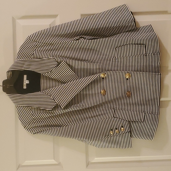 CAbi 823 Nautical Double Breasted Jacket Navy White Striped Jack size La… - Picture 2 of 12